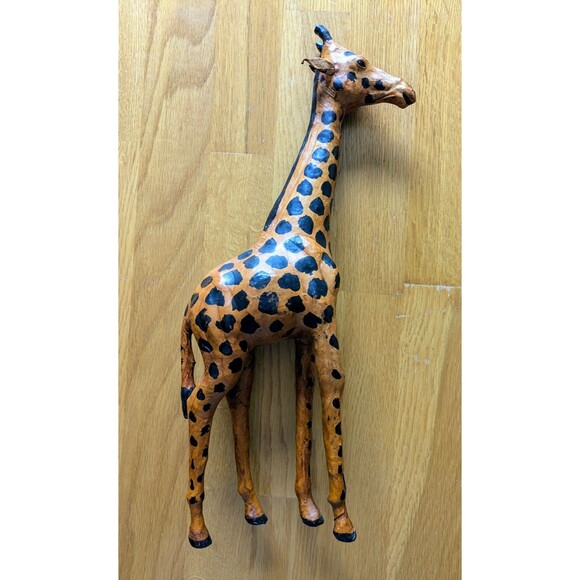 Vintage Mid Century Leather Wrapped Paper Mache Giraffe Hand Painted 15" Tall - Picture 1 of 10